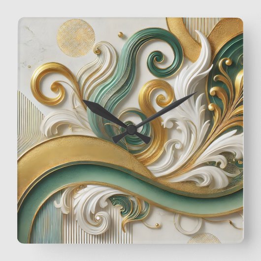 Golden Harmony Swirl – Elegant Abstract Wall Clock スクエア壁時計 (正面)