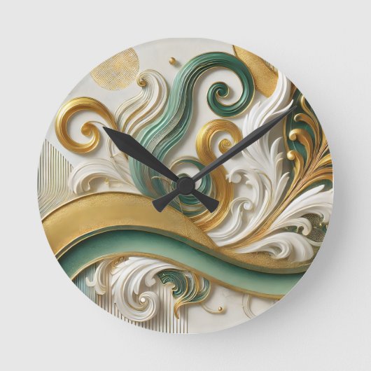 Golden Harmony Swirl – Elegant Abstract Wall Clock ラウンド壁時計 (正面)