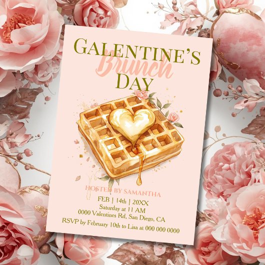 Golden Heart Waffle Galentine Brunch Pastel Floral 招待状