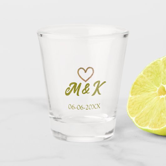 Golden heart wedding couple name letter modern  ショットグラス (正面)