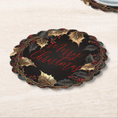 Golden Holly Wreath – Elegant Christmas ペーパーコースター (アングル)