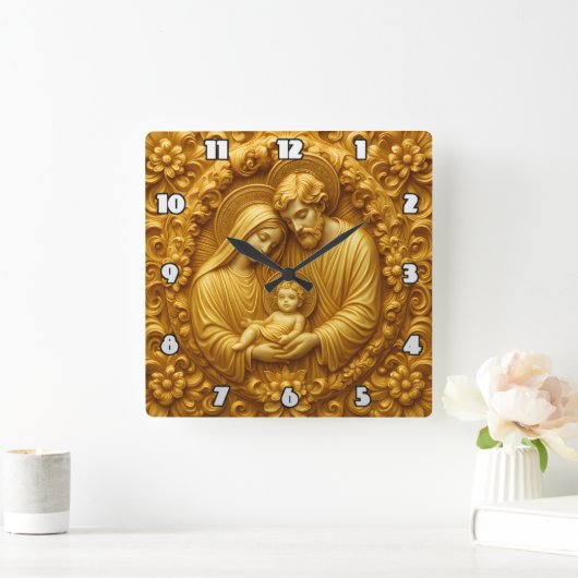 Golden Holy Family Devotional Relief スクエア壁時計 (ホーム)