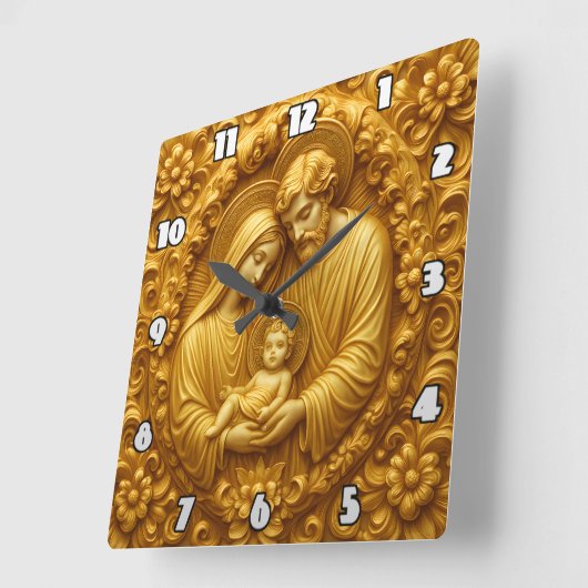 Golden Holy Family Devotional Relief スクエア壁時計 (傾斜)