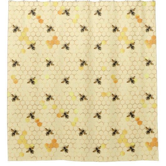 Golden Honeybee Honeycomb Pattern シャワーカーテン (正面)