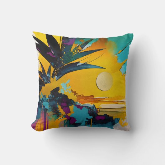 Golden Horizon – Abstract Tropical Sunset クッション (正面)