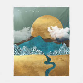 Golden Horizon with Blue Mountains フリースブランケット
