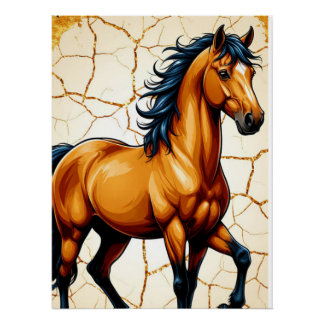 Golden Horse With Flowing Black Mane ポスター