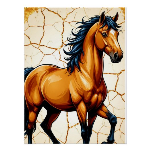 Golden Horse With Flowing Black Mane ポスター (正面)