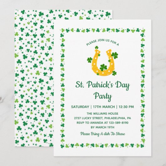 Golden Horseshoe Clover Pattern St Patrick's Day 招待状 (正面/裏面)