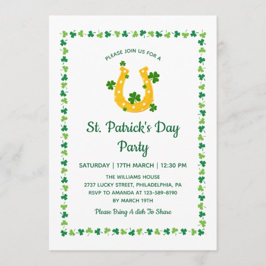 Golden Horseshoe Clover Pattern St Patrick's Day 招待状 (正面)