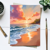 Golden Hour Beach Sunset Watercolor Painting Card