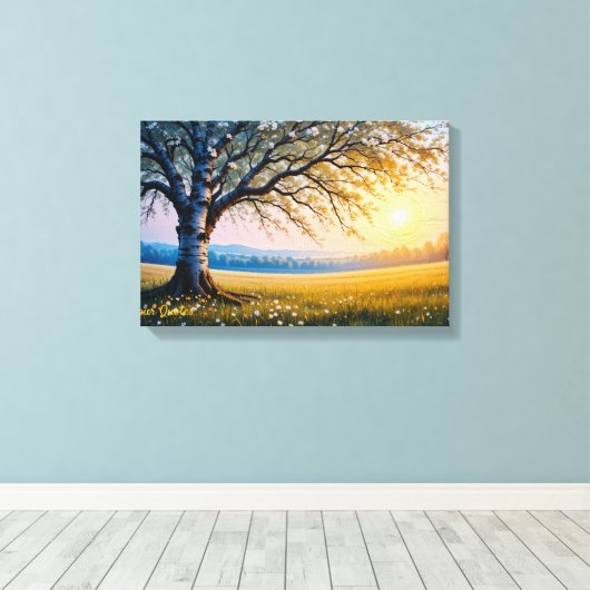 Golden Hour Birch Tree Meadow キャンバスプリント (インサイチュ (ウッドフロア))