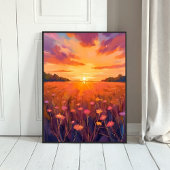 Golden Hour Flower Field Watercolor Sunset ポスター