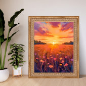 Golden Hour Flower Field Watercolor Sunset ポスター