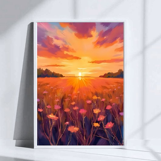 Golden Hour Flower Field Watercolor Sunset ポスター