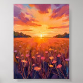 Golden Hour Flower Field Watercolor Sunset ポスター (正面)