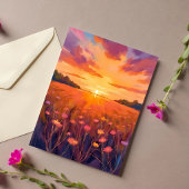 Golden Hour Flower Field Watercolor Sunset Card