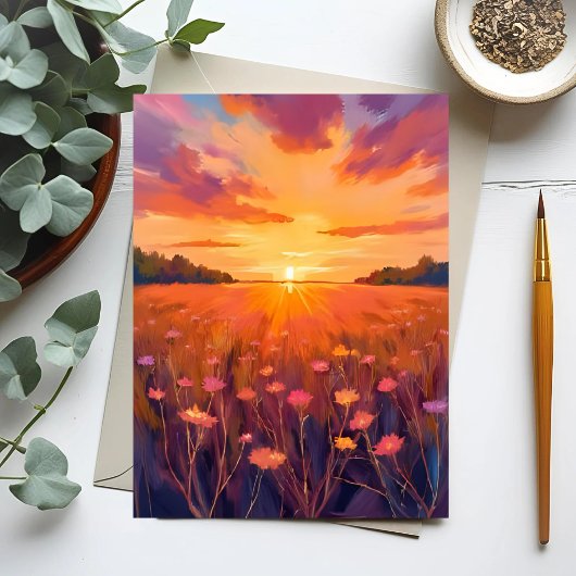 Golden Hour Flower Field Watercolor Sunset Card