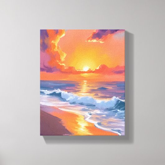 Golden Hour Orange Sunset Beach Ocean Painting キャンバスプリント (正面)