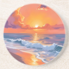 Golden Hour Orange Sunset Beach Ocean Painting コースター