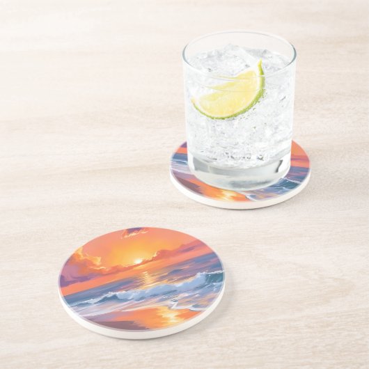 Golden Hour Orange Sunset Beach Ocean Painting コースター (側面)