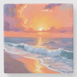 Golden Hour Orange Sunset Beach Ocean Painting Art ストーンコースター