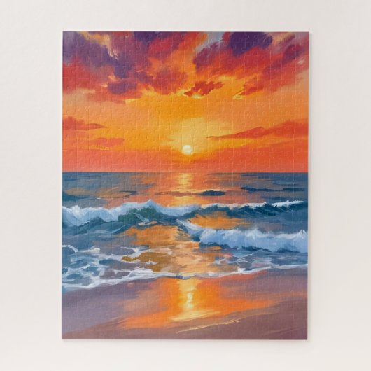 Golden Hour Sunset Ocean Beach Painting ジグソーパズル (縦)