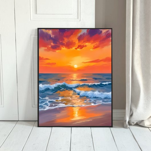 Golden Hour Sunset Ocean Beach Painting ポスター