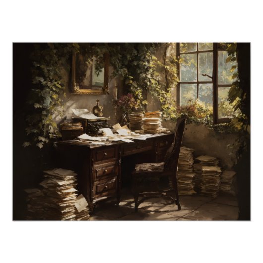 Golden Hour Vintage Study Desk ポスター (正面)