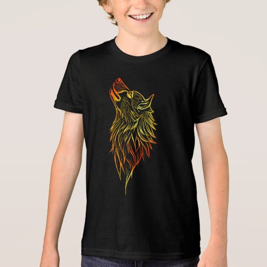Golden Howling Wolf – Tribal Spirit Animal Design トライブレンドＴシャツ (正面)