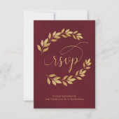 Golden Laurel Leaves on Burgundy Elegant Wedding 出欠カード (正面)