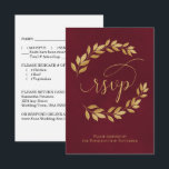 Golden Laurel Leaves on Burgundy Elegant Wedding 出欠カード<br><div class="desc">These beautiful RSVP cards will make it easy for your guests to respond to your wedding invitation. They feature an elegant design with fancy script calligraphy and hand painted golden laurel leaves on a marbled burgundy background. The back of the card is a form for your guests to fill out...</div>