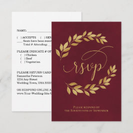 Golden Laurel Leaves on Burgundy Elegant Wedding 出欠カード