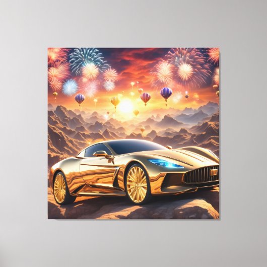 golden luxury car in a desert landscape キャンバスプリント (正面)