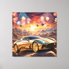 golden luxury car in a desert landscape キャンバスプリント
