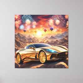 golden luxury car in a desert landscape キャンバスプリント