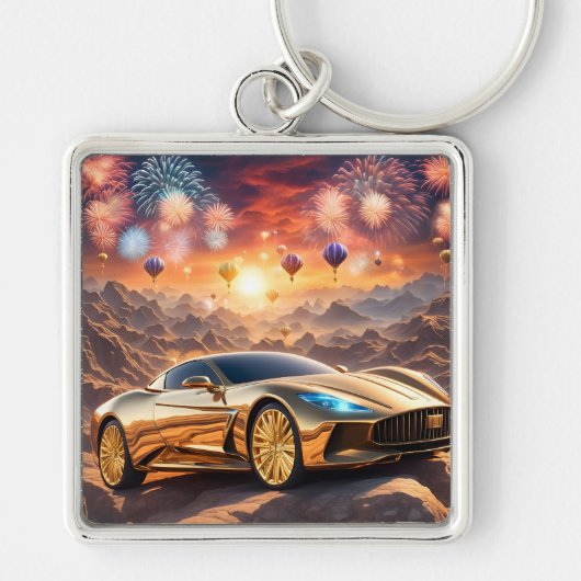 golden luxury car in a desert landscape キーホルダー (正面)