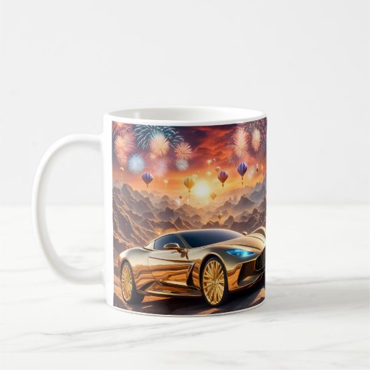 golden luxury car in a desert landscape コーヒーマグカップ (左)