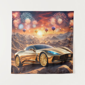 golden luxury car in a desert landscape タペストリー