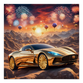 golden luxury car in a desert landscape ポスター