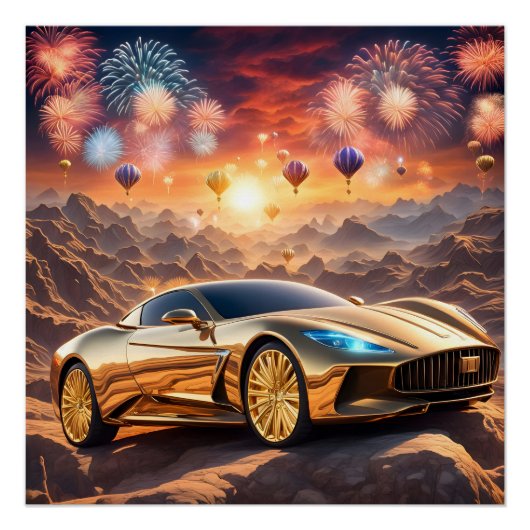 golden luxury car in a desert landscape ポスター (正面)