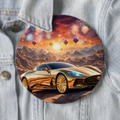 golden luxury car in a desert landscape 缶バッジ (インサイチュ)