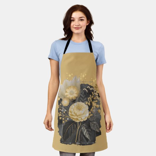 Golden Magical Floral Bouquet in Silver Frame エプロン (着用した状態)