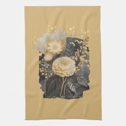Golden Magical Floral Bouquet in Silver Frame キッチンタオル (縦)