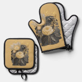Golden Magical Floral Bouquet in Silver Frame 鍋つかみ&鍋敷きセット (正面/裏面)