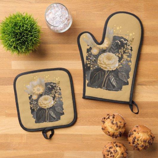 Golden Magical Floral Bouquet in Silver Frame 鍋つかみ&鍋敷きセット (トップダウン)