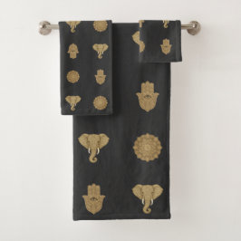 Golden Mandala Elephant Hamsa Hand -Boho Art Print バスタオルセット