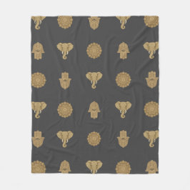 Golden Mandala Elephant Hamsa Hand -Boho Art Print フリースブランケット