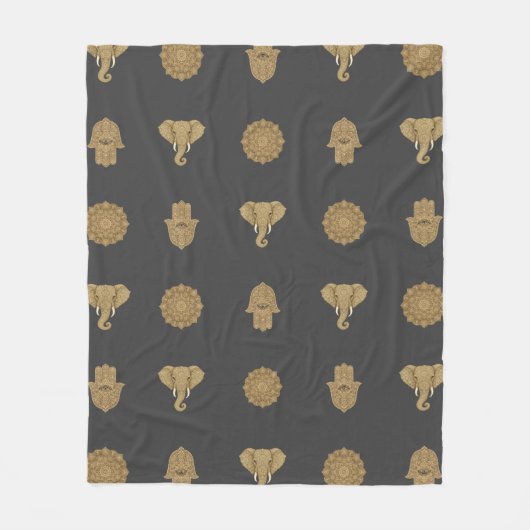 Golden Mandala Elephant Hamsa Hand -Boho Art Print フリースブランケット (正面)
