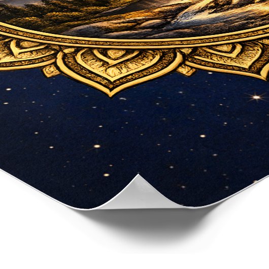 Golden Mandala Mountain Sunset Cosmic Boho Nature ポスター (角)